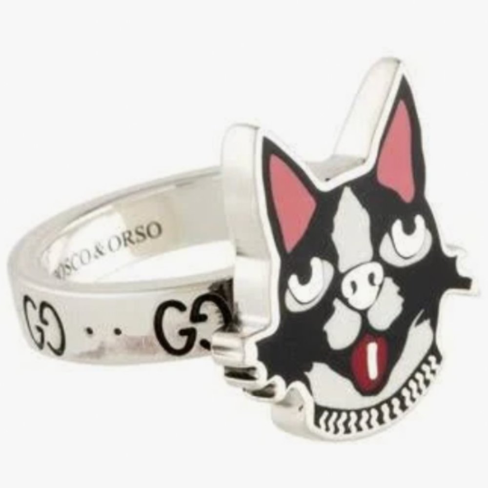 New In Box Gucci Silver Bosco & Orso Dog Cocktail Ring